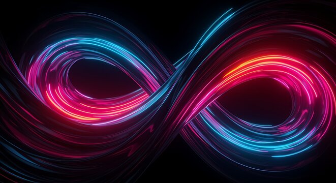 Abstract Neon Light Trails Forming Infinity Symbol with Dynamic Red and Blue Hues on Dark Background Digital Art - Powered by Adobe