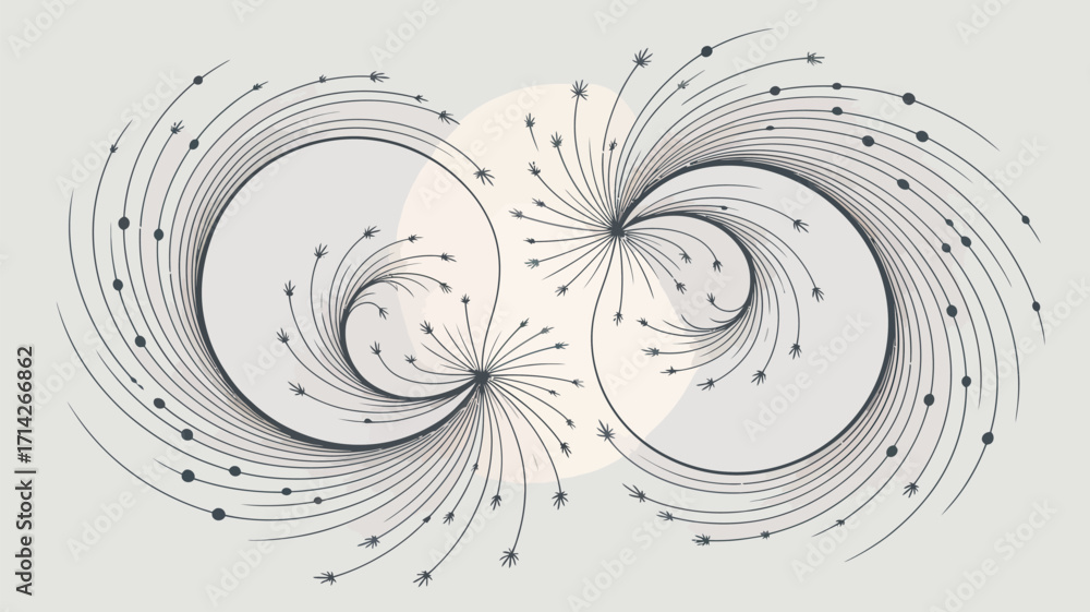 Poster abstract design featuring two swirling shapes with radiating lines and dots on a light background