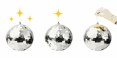 Three sparkling disco balls with one being held by a hand against a white background