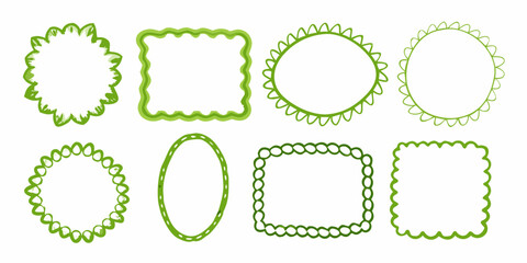 Collection of eight decorative green borders and frames in various shapes and styles on a white background