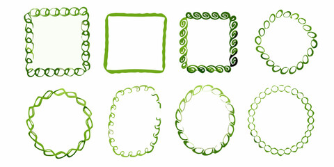 Collection of eight decorative green watercolor frames and borders in various shapes and styles