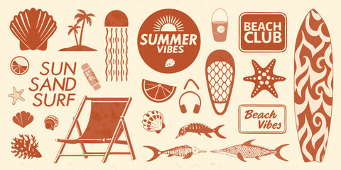 Collection of retro summer beach vacation icons and symbols in a warm terracotta color palette