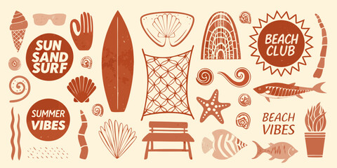 Retro summer beach vibes collection with sun sand surf and beach club elements