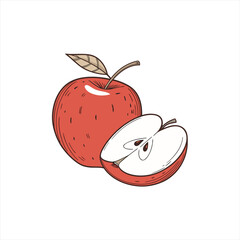 Obraz premium Hand drawn illustration of a whole red apple with a leaf and a halved apple showing seeds