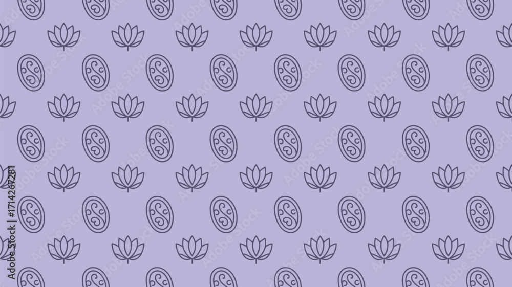 Poster a light purple background with a pattern of lotus flowers and oval shapes with swirl designs inside 