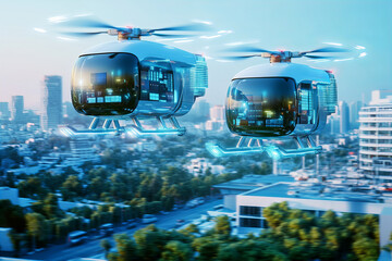 Two futuristic drone helicopters flying over cityscape with modern buildings and greenery, showcasing advanced urban transportation technology and innovation