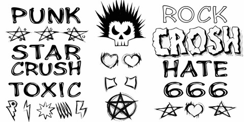 Collection of hand drawn punk rock symbols and text including skull stars hearts and lightning bolts