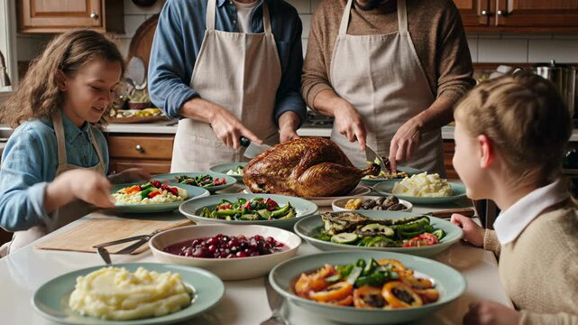 Two men in aprons carve a golden turkey at a festive Thanksgiving table, surrounded by vibrant side dishes and joyful children, capturing the warmth of family celebration