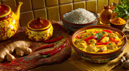 Creative food template. Creamy thick chicken curry with chili bell pepper, served with white rice, spices herb ginger and oriental ceramic homeware cloth on vintage kitchen tiles. copy text space