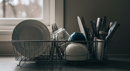 Clean Dishes Drying in a Wire Rack Moody Lighting Domestic Scene.