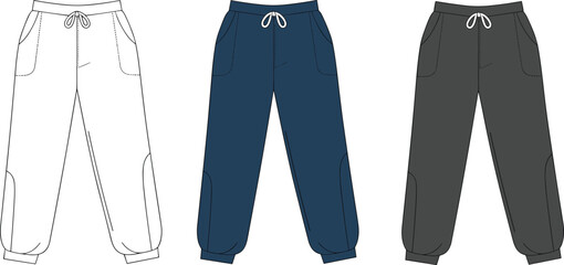 Unisex fashion flat technical drawing of sweatpants with a relaxed fit, elastic waistband, and side pockets for apparel design templates.