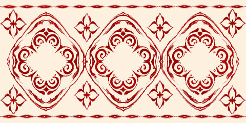 Seamless red ornamental border with floral motifs and intricate scrollwork on a cream background