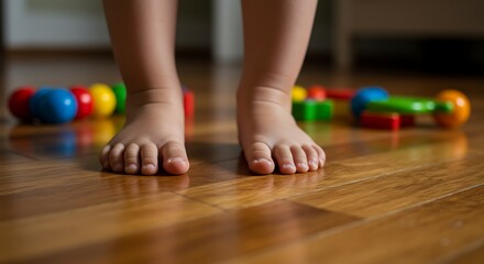 Closeup of a babys bare feet standing on a polished wooden floor with colorful toys blurred in the background.