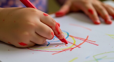 Closeup of a childs hand with red crayon marks drawing colorful lines on white paper.