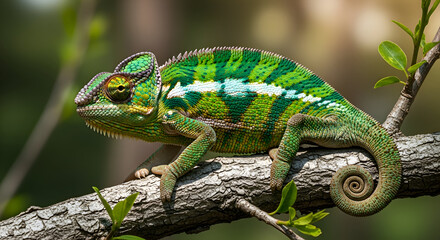 Obraz premium Vibrant Chameleon Perched on Branch in Natural Habitat.