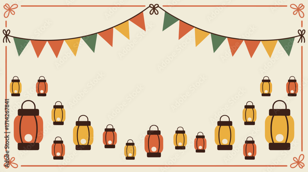Poster Festive background with lanterns and bunting flags creating a celebratory atmosphere design space included