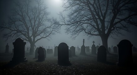 Eerie Fog-Shrouded Cemetery at Night, Silhouettes of Tombs.