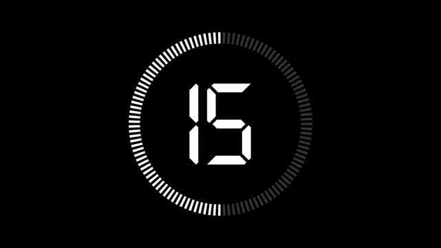 Animated white countdown timer from 20 to 0 seconds on a black background. Minimal hitech count down design, cartoon flat video suitable for an alpha or tint layer