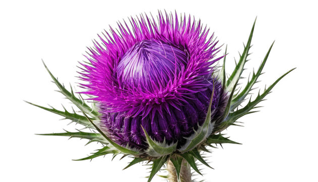Purple thistle flower with green spiky leaves bloom isolated on a transparent background - Powered by Adobe