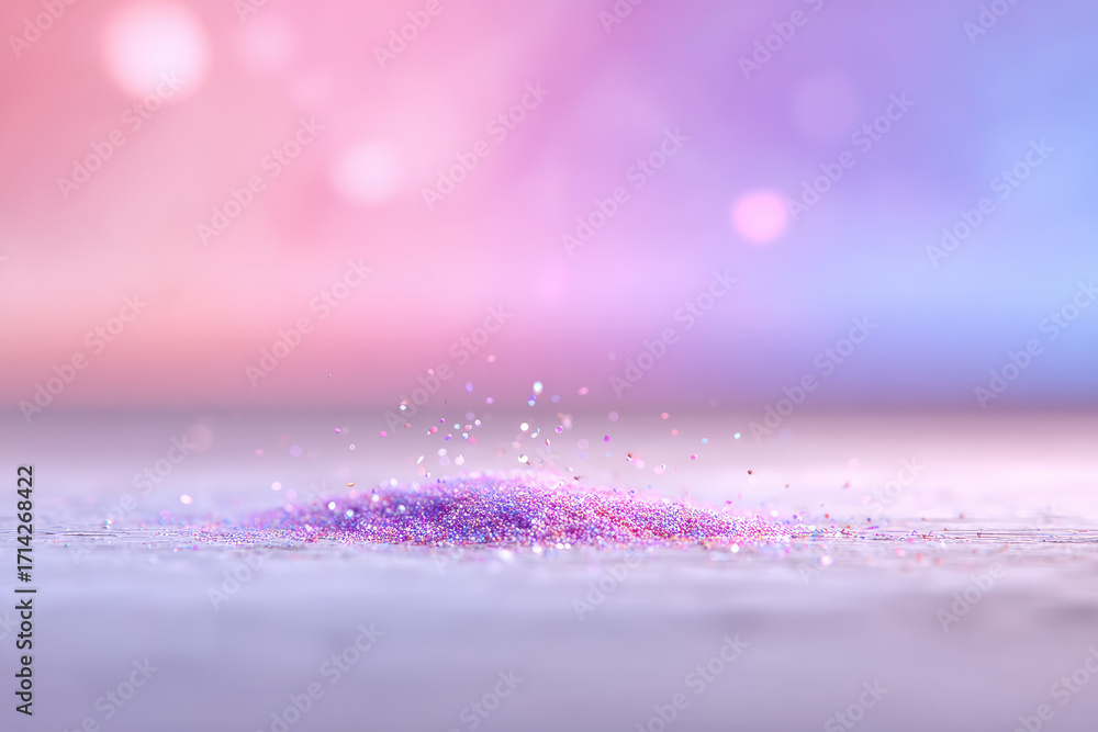 Poster glowing pastel dust particles float above pile on smooth surface, creating dreamy, magical, and ethe