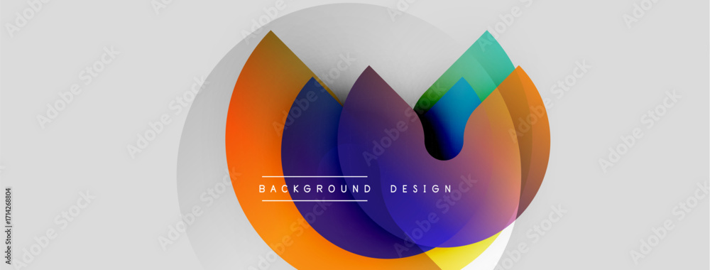 Poster Abstract colorful layers create dynamic circular design. Modern background with gradient hues, text element present. Simple, clean aesthetic.