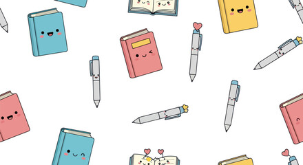 Cute Cartoon Books and Pens Seamless Pattern on White Background.