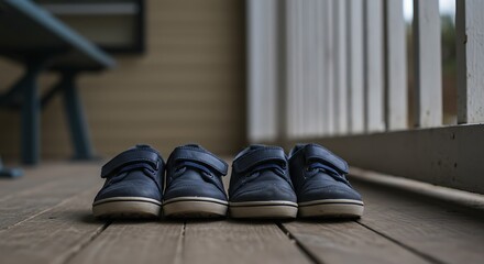 Closeup of Two Navy Blue Childrens Sneakers on a Wooden Deck.