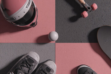 Top down view of sports gear including helmet, skateboard, roller skate, and sneakers on pink and gray geometric background, creating dynamic and energetic atmosphere