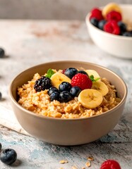 Oatmeal topped with fresh berries and banana slices