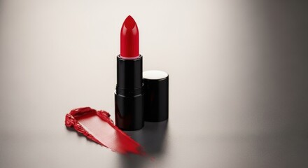 Luxurious Red Lipstick and Textured Swatch on a Softly Lit Gradient Background