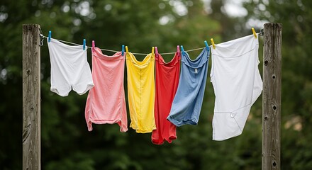 Colorful Laundry Day Clothesline with Vibrant Garments Against Green Bokeh.