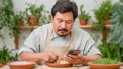 Man in apron cooking and using smartphone in a kitchen garden  