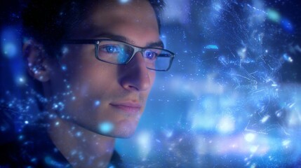 Young man wearing glasses and looking at digital interface 