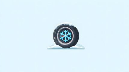 A stylized black winter tire with a snowflake design, resting on a snowy surface against a light blue background.