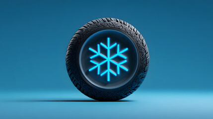 A stylized black tire featuring a glowing blue snowflake emblem, symbolizing winter performance and safety.