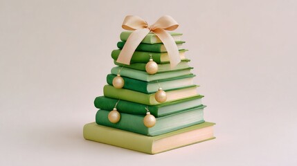 Christmas tree made of stacked green books with ribbon and ornaments  