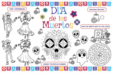 Festive placemat for children. Printable activity sheet "Dia de los Muertos" with a labyrinth, find differences and connect dots. 17x11 inch printable vector file