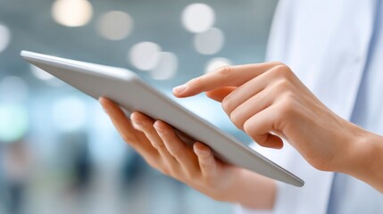 Person using tablet while touching screen in modern office setting  