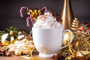 Hot chocolate, latte coffee or eggnog cocktail with whipped cream