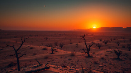enchanting metamorphosis of a barren desert vista as celestial orb ascends, casting aside cloak of darkness and ushering dawn, where arid expanse stirs with newfound vitality