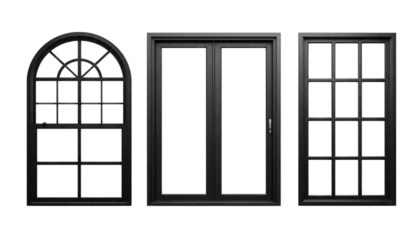 Three Dark Window Frames Arched Sliding Paned Black isolated on a transparent background