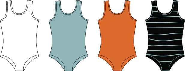 Women's classic one-piece swimsuit fashion flat technical sketch template with tank straps and a scoop neckline for swimwear design reference.