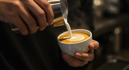 Expert Barista Crafting Elegant Latte Art with Steamed Milk in White Ceramic Cup Closeup.