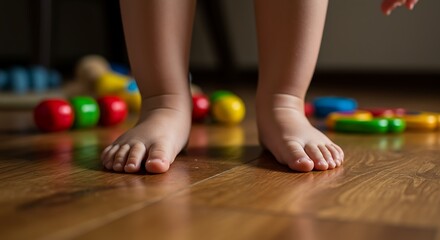 First Steps Milestone Closeup of a Babys Chubby Feet on a Warm Wooden Floor.