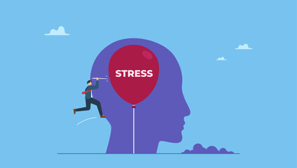 A man help solve anxiety problem using needle to burst stress balloon. Stress management, relaxation to relieve anxiety or anger from your brain, meditation to help reduce stress.