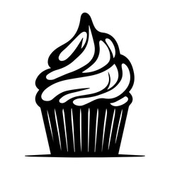 Illustration of a black and white cupcake with a swirl of frosting on top and a lined paper cup base