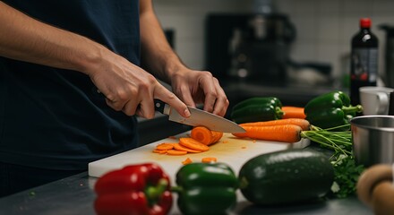 Focused Hands Slicing Vibrant Carrots Amidst Colorful Kitchen Produce.