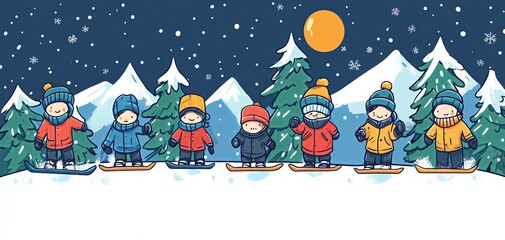 Group of children wearing colorful winter clothing, standing on snowboards in a snowy landscape with mountains and trees, enjoying a fun day of winter sports and outdoor activities