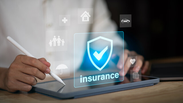 Concept of digital insurance, showing a person using a tablet with icons representing protection for health, family, car, home, and finance through modern technology and online services.
