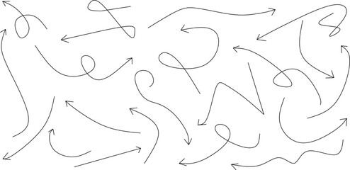 Set of hand-drawn doodle arrows with loops, swirls, and curves. Playful sketch style perfect for presentations, notes, infographics, and creative design projects.
